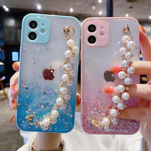 Gradient Glitter With Chain Bracelet Phone Case For iPhone 12 11 Pro Max XS Max XR X 7 8 Plus Soft Epoxy Lens Protection Coque