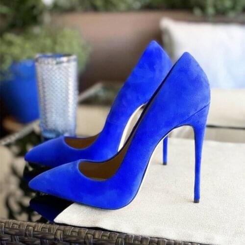 Elegant Blue Suede Shoes Pointy Toe Slip-on 12CM Stiletto Heels Shallow Dress Shoes Thin Heels Banquet Party Shoes Size 45