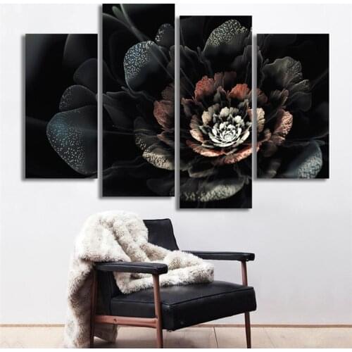 Art Poster Modern Home Decor Living Room Canvas 4 Panel Black Lotus Landscape Frame Wall HD Print Painting Modular Pictures