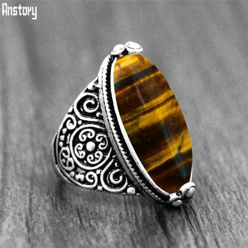 Irregular Natural Tiger Eye Rings Flower Band Stone Ring For Women Antique Silver Plated Fashion Jewelry TR665