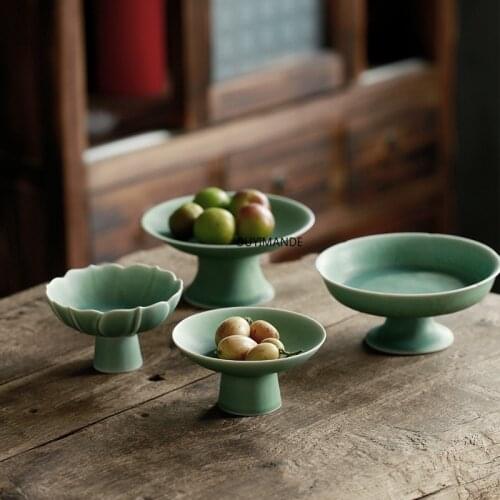 Chinese retro High Feet Kiln change Crackle Ceramic Plate Porcelain Dessert Tray Fruit Snack Serving Platter Candy Dish