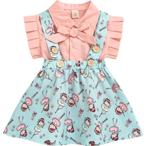 2021 Summer Girl Clothes Suit Set New Pink Short Sleeve Shirt Tops+Cartoon Skirts 2pcs Baby Kids Children Clothing Outfits