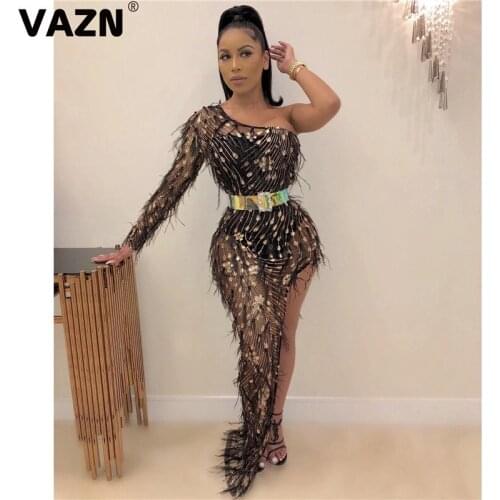 VAZN CY8165 top design 2019 summer sexy lady 3 color mini dress full sleeve one shoulder side vent feather dress sexy club dress