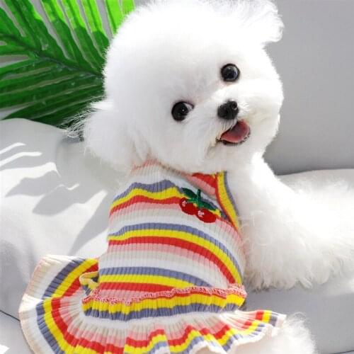 Cute Rainbow Striped Pets Clothes Dog Cat T-shirt Vest Cherry Design Puppy Chihuahua Pug Dress Summer Kitten Pajamas Supplies