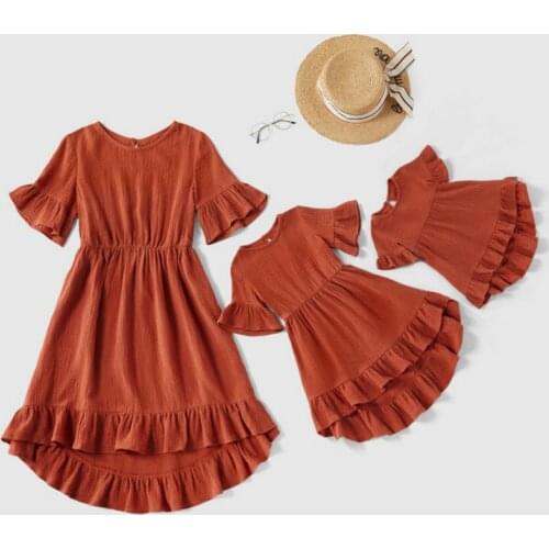 Mommy and Daughter Matching Clothes Solid Ruffles Mother and Daughter Dress Short Sleeve Family Clothing Women Baby Girl Outfits