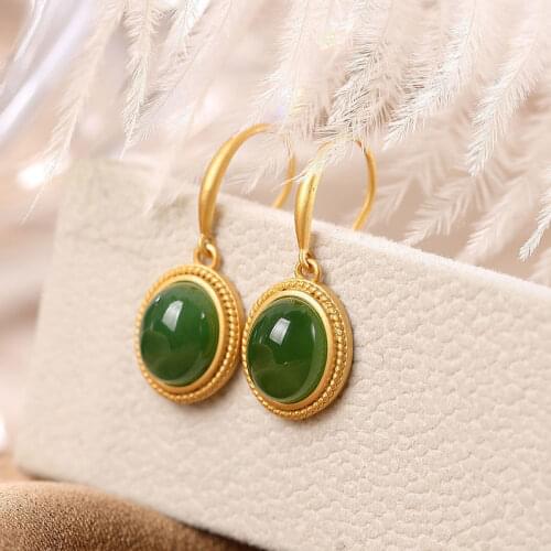 Autumn new style ancient gold craft natural Hetian jade green oval earrings exquisite luxury ladies silver jewelry