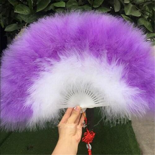 Factory Direct Sales purple plus white Folded Turkey Feather Hand Fan Wholesale Handmade Fans For Dance Wedding Decoration