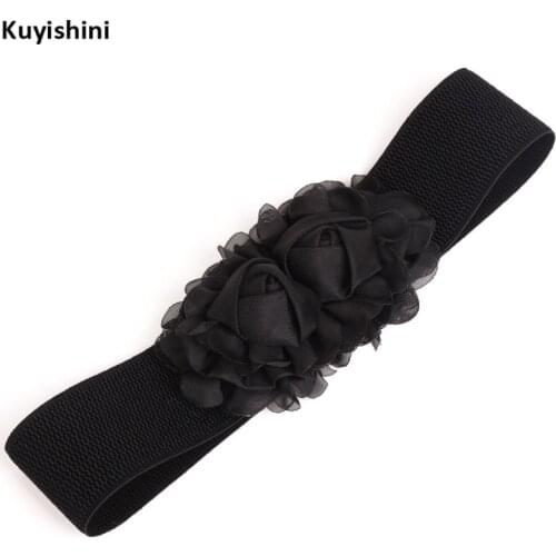 New Schoolgirl Floral Rose Red Stretch Elastic Belt Wide Belts Stretch Buckle Waistband Waist Belts Double Flower Cummerbund