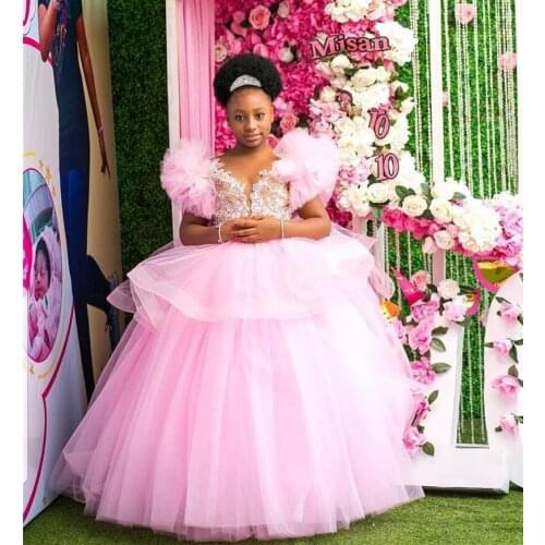 Pink Beaded Lace Puffy Tulle Flower Girl Dresses Ball Gown Little Communion Pageant Dresses Little Girls Birtdhay Gowns