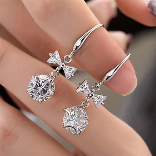 Huitan New Temperament Sweet Girls Dangle Earrings Brilliant Crystal CZ Cute Bow Fashion Accessories for Women Party Jewelry