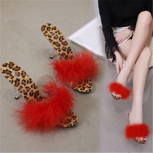 Shoes Woman Summer Slippers Feather Slides High heeled Shoes 7/10cm Model Catwalk Transparent Glass Crystal Leopard Slippers Hot