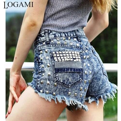LOGAMI Rivet Ripped Denim Shorts Women Summer Sexy Short Jeans Woman Casual Shorts