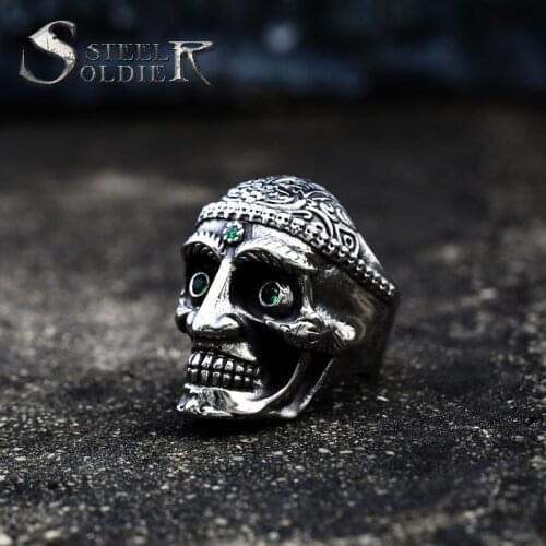 Steel soldier indian skull cheif Knuckle Rings green eye stainless steel bohemian punk biker rock drop shipping jewelry