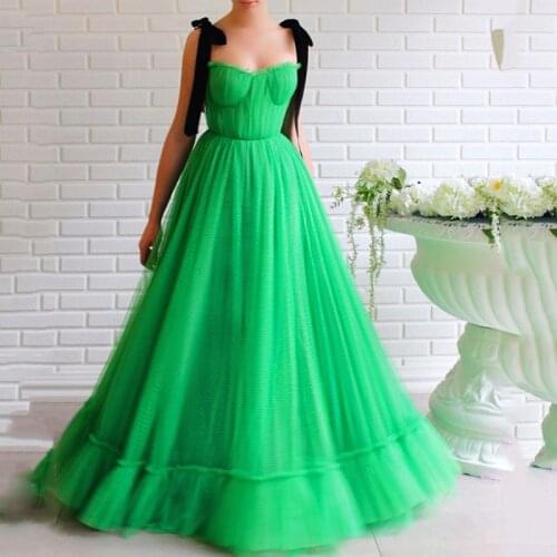 UZN New Arrival Green A-Line Dot Net Prom Dress Elegant Black Straps Puffy Evening Dress Plus Size Pleated Long Party Dress