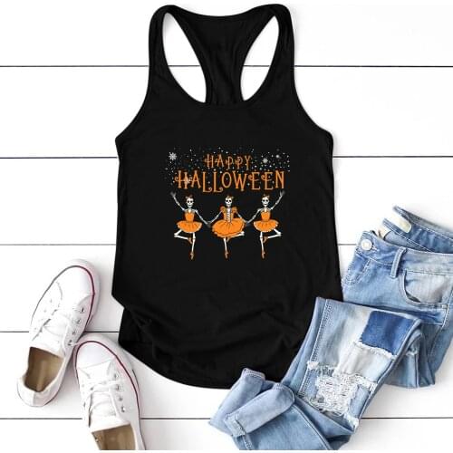 2020 Casual Happy Halloween Ballet Skeleton Print Tank Top Women Sleeveless Summer Vest Graphic Crew Neck Tops for Women Ladies
