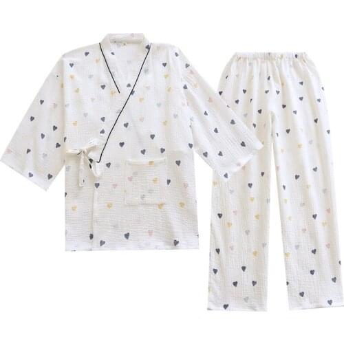 Pyjama Femme Ladies Pure Cotton Pajamas Summer Thin Gauze Long-sleeved Trousers Kimono Bathrobe Night Gown Pyama Woman Set