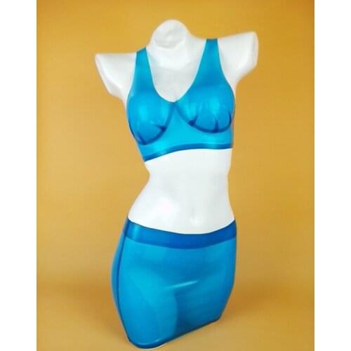Womens transparent blue sexy bikini outfits including latex bras & summer mini latex skirt