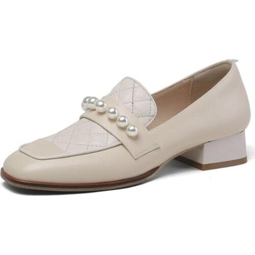 Square Toe Pearl Oxford Shoes For Women Low Heel Slip On Autumn Spring Genuine Leather Shoes Woman High Quality