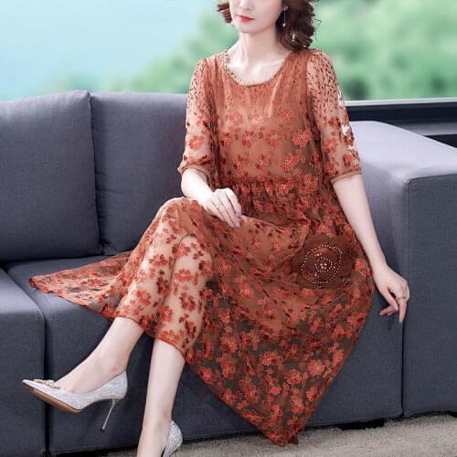 2021 New Summer Womens Female Embroidery Green Orange Brown Sweet Long Dress , Casual 4xl 5xl Dresses for Women