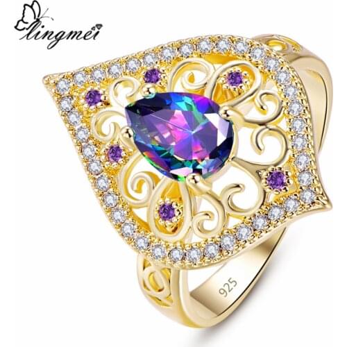 Lingmei Women Men Fashion Wedding Jewelry Pear Cut Multi & Blue & Purple Zircon Silver Color Yellow GoldPlated Ring Size 6-9