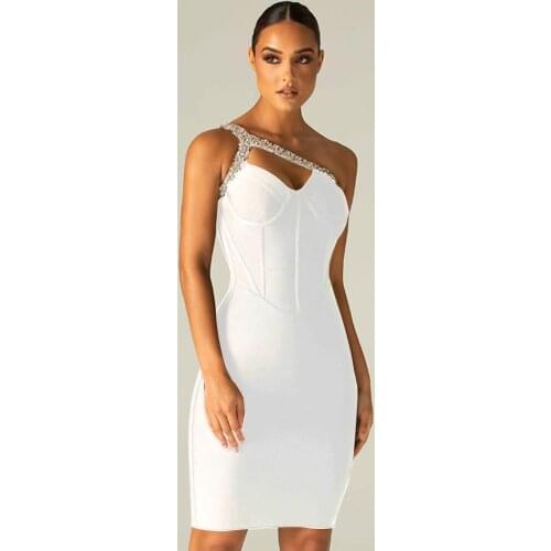 High-quality womens one-shoulder shiny diamond beaded rayon bandage dress elegant party dress 2021 new Vestidos