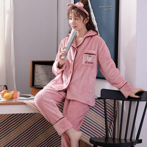Winter Pajamas Womens Coral Fleece Padded Fleece-Lined Warm Turn-down Collar Flannel Homewear Set Pyjamas Women Sleepwear