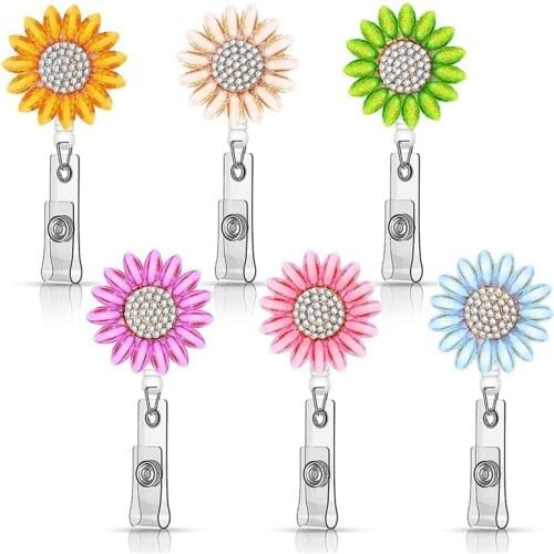 6Pcs Flower Retractable Name Card Badge Holder with Alligator Clip Rhinestone Retractable Badge Reel ID Badge Reel Clip
