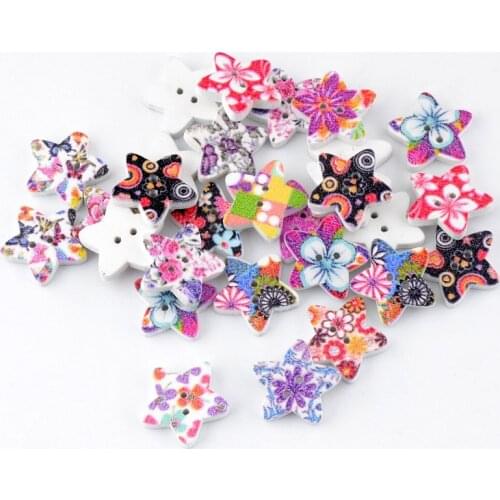 Free Shipping Retail 20Pcs Randomly Mixed Multicolor Flower 2 Holes Wood Painting Sewing Buttons Scrapbooking 17x17mm F0172