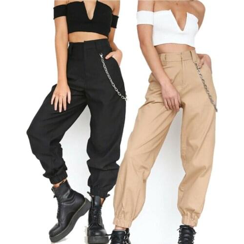 Women Plus Size Loose Cargo Pants Casual High Waist Pants Woman Loose Solid Black Khaki Trousers Pockets Elastic Waist Bottoms