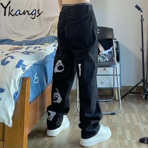 Gothic Print Diablo Series Multi Pockets Black Baggy Jeans Punk Trendy Women Streetwear Denim Pants Loose Harajuku Y2k Trousers