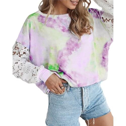 Women Tie-Dye Blouse Long Lace Sleeve Patchwork O-Neck Shirts Wild Printed Pullover Hollow Out Sleeve Blouses S-XL