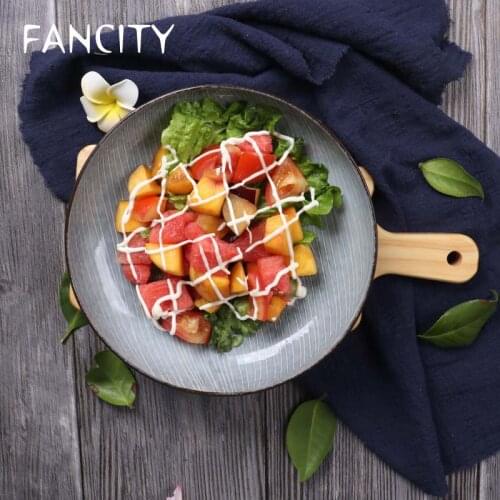 FANCITY Japanese creative retro striped old ceramic tableware three-legged rice bowl deep dish large salad bowl special-shaped f