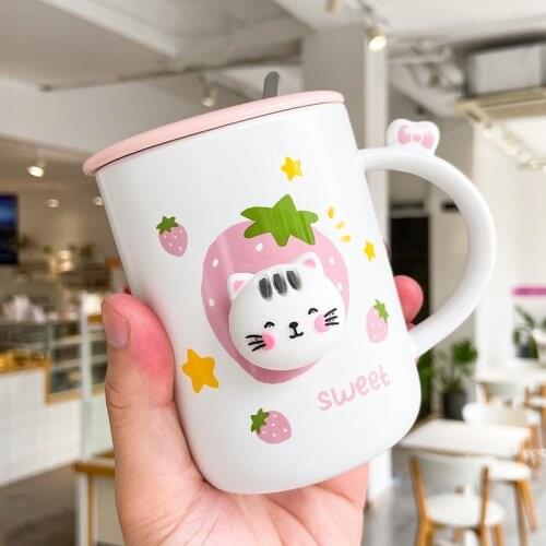 Cute Cat Ceramic Mugs With Lid Korean Style 400mL Lovely Breakfast Milk Tea Coffee Drinking Water Cup