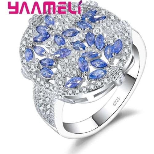 Trendy Wedding Ring 925 Sterling Silver Jewelry Anninversary Fashion Jewelry Blue White CZ Pave Ring For Women/Girl