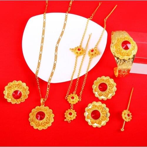 Red Stone Ethiopian Jewelry Sets With Hair Pcs 24k Gold Jewelry Sets For Ethiopian Women Hair Accessories
