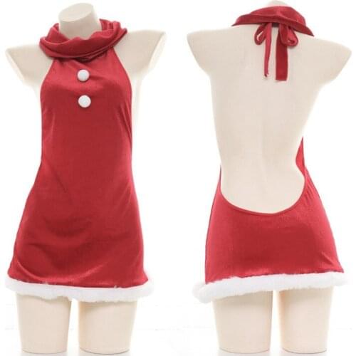 Red Sexy Halter Dress Girl Gift High Collar Design Lace Neck Fluffy Plush White Ball Embelli Shment Side Back Hollow Maid Outfi