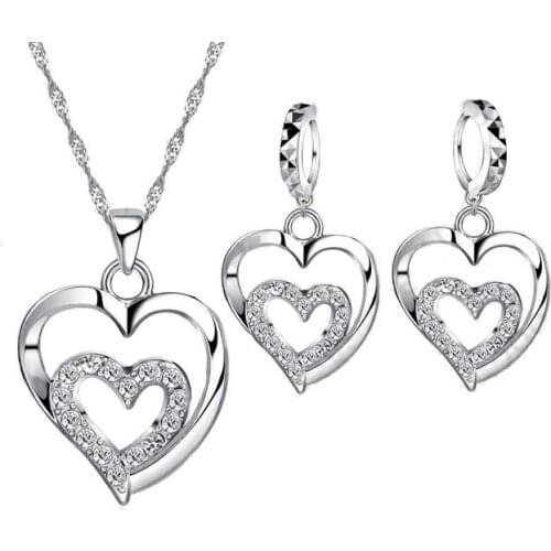 Fashion Hollow Women Jewelry Sets 925 Sterling Silver CZ Crystal Double Love Heart Necklace&Earrings Jewelry Set