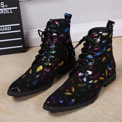 Christia Bella Color Feather Printing Male Lace Up Pointed Toe Short Boots Fashion Mens Plus Size Party Nightclub Style Boots