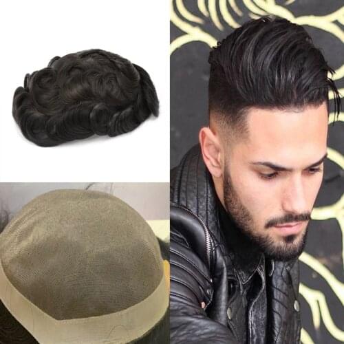 Men Toupee French PU+Lace Base Remy Natural Black Colored Remy Human Hair Perimeter Natural Hairline Replacement System