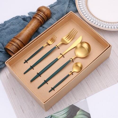 30 Dark Green Gold Stainless Steel Cutlery Set Wedding Tableware Dinner Service Spoon Fork Knife Kitchen Utensils Dropshipping