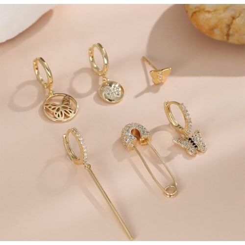 6pcs Female Luxury Crystal Butterfly Earrings Sets White Zircon Stone Wedding Earrings Dainty Gold Color Hoop Earrings For Women