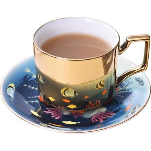 New Mirror coffee cup Specular reflection sea world ceramic cups and saucers with scoop Mediterranean style coffeeware