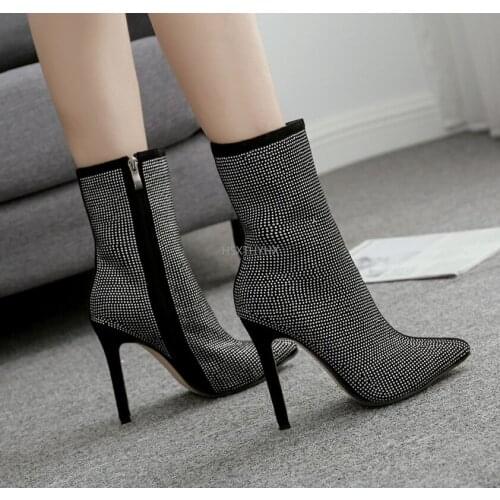 New Design Women Fashion Pointed Toe Bling Mid Calf Rhinestone Boots Crystal High Heels Boots Luxury Thin Heel Boots Female Shoe
