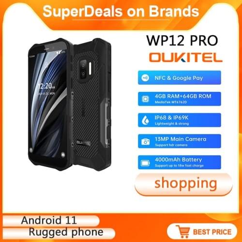 OUKITEL WP12 Pro 4GB+64GB IP68 Waterproof 4G LTE Smartphone MT6762D Octa Core Android 11 5.5'' 4000mAh 13.0MP cellular phone NFC