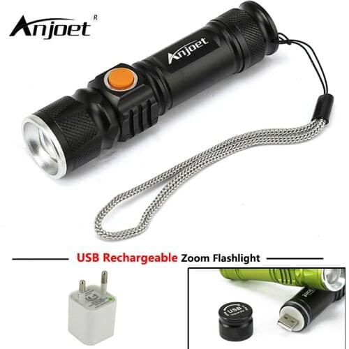 ANJOET USB tail rechargeable flashlight MNI zoomable led torch lantern xml t6 outdoor lighting bicycle lamp + USB adapter