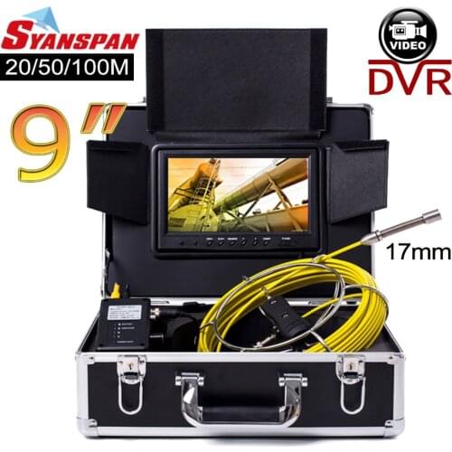 SYANSPAN 9" Monitor 17MM 20/50/100M Pipe Inspection Video Camera, 8GB TF Card DVR IP68 Drain Sewer Pipeline Industrial Endoscope