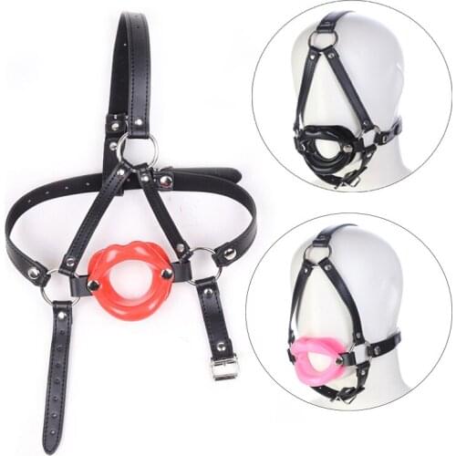 Rubber Lip Shape Open Mouth Plug Leather Head Harness BDSM Bondage Oral Fixation Penis Insert Oral Sex Gag Slave Game Sex Toys