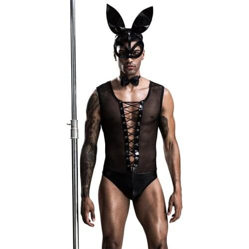 Sexy Bunny Man Lingerie Set Costume Cosplay Role Play Bandage Night Club Performance Uniform