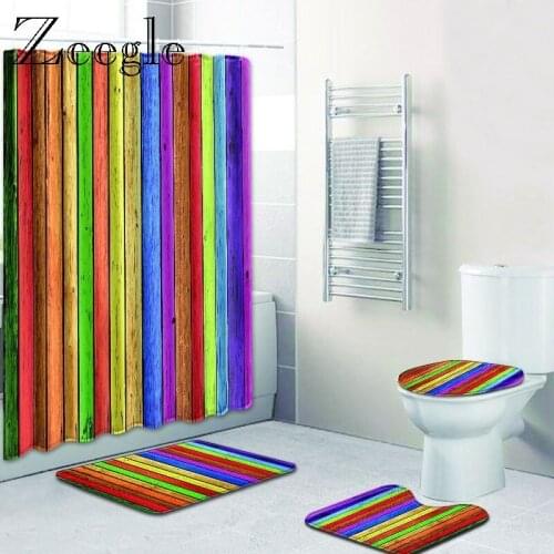 Zeegle Modern Geometric Pattern Polyester Shower Curtain Set Non Slip Rugs Carpet for Bathroom Toilet Flannel Bath Mat Set 4pcs
