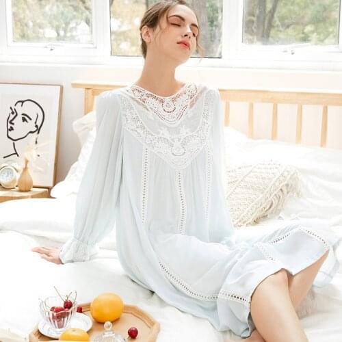 Women Long Sleeve Princess Nightdress Cotton Lace Large Loose Nightgowns Solid Court Retro Sexy Sleepwear Soft Home Clothes 2021